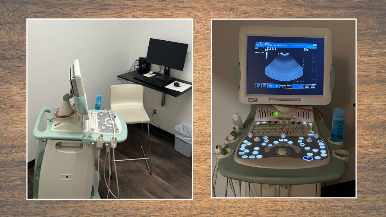 Eastern Slopes Ultrasound - image of Ultrasound room set up, and view of Ultrasound in dim lit room.